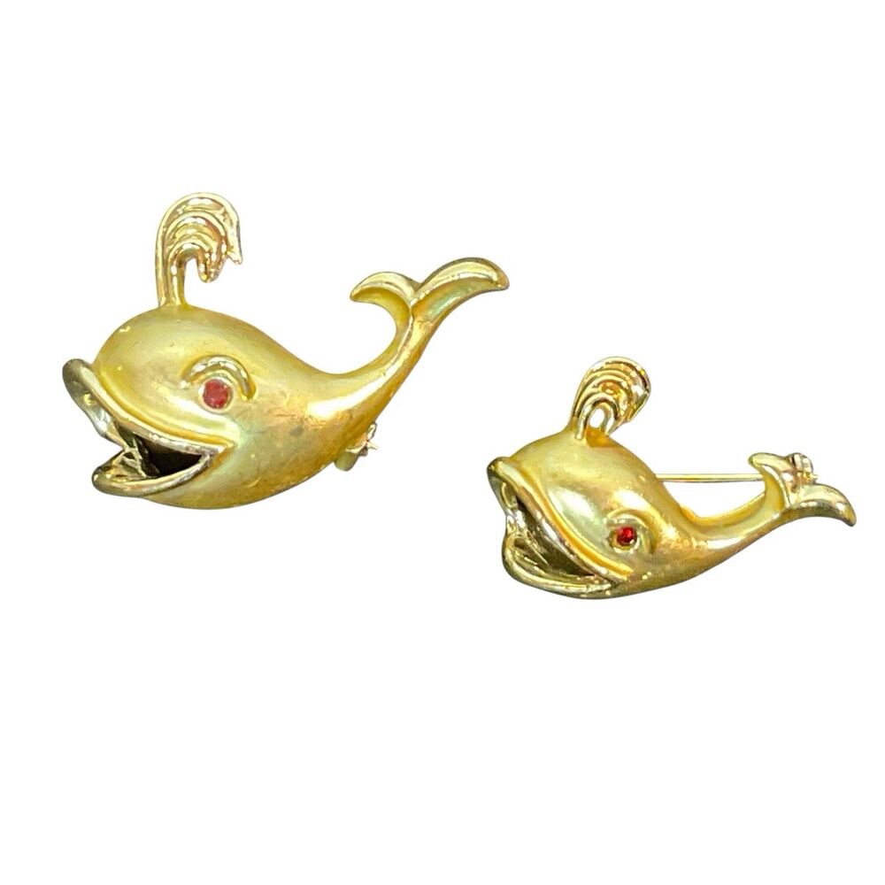 Vintage Whale Pair Brooch Gold Tone Pin with Red Rhinestone Eyes Family Vintage